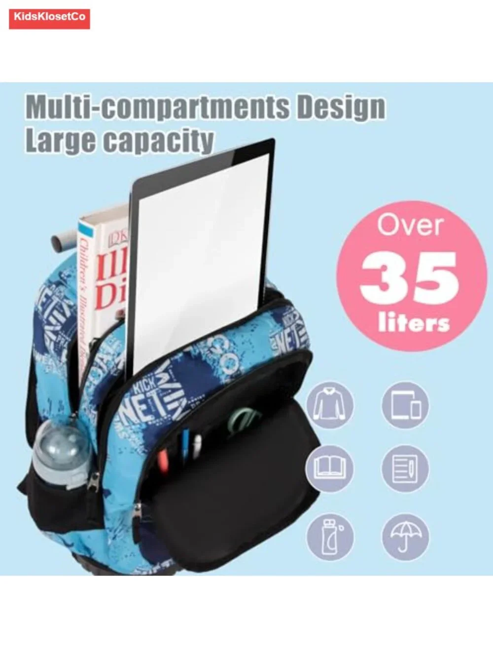 Rolling Backpack with Wheels for Kids School Travel Carry-On 35L Quiet Wheels